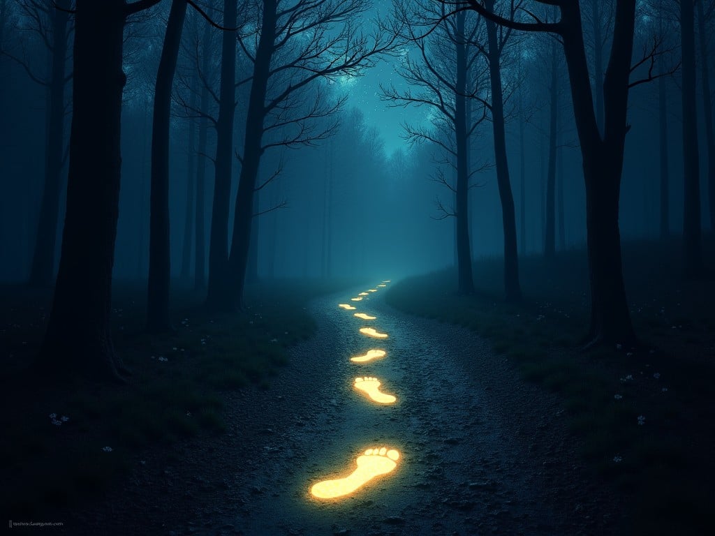 The image depicts a narrow path winding through a dark forest, enveloped in mist. Glowing footprints illuminate the path, guiding viewers deeper into the woods. The trees are tall and bare, creating an eerie ambiance. The overall lighting is dim, enhancing the mystical feel of the scene. This atmosphere evokes curiosity and a hint of eeriness, inviting exploration of the unknown.