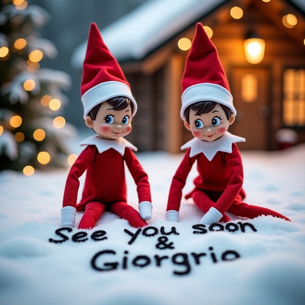 This image features two Elf on the Shelf dolls set in a picturesque winter wonderland. The elves are dressed in classic red outfits and are writing a message in the snow that reads 'See you soon Giovanni & Giorgio'. Behind them, there is a cozy cabin adorned with decorative lights, creating a warm atmosphere. The snowy backdrop adds a charming touch, enhancing the magical feel of the holiday season. The expressions on the elves' faces are filled with playfulness and joy, capturing the whimsical spirit of Christmas. Overall, this enchanting scene evokes warmth and festive cheer.