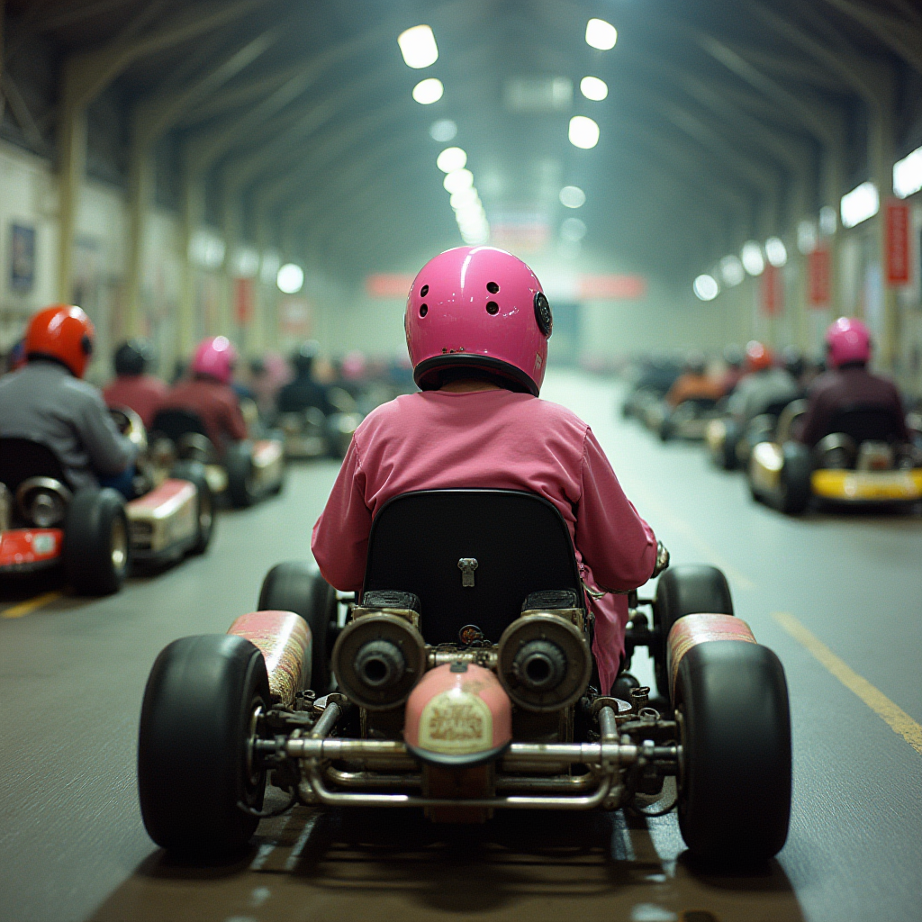 The image depicts a group of indoor go-kart racers lined up on a track, viewed from behind. The primary focus is on a participant wearing a pink helmet and a matching pink suit, seated in a black go-kart. Other racers in various colored attire and helmets can be seen ahead, creating a line that stretches into the distance. The indoor track is well-lit, with overhead lights reflecting off the shiny helmets and the track surface. The atmosphere suggests a sense of anticipation and competition among the racers.