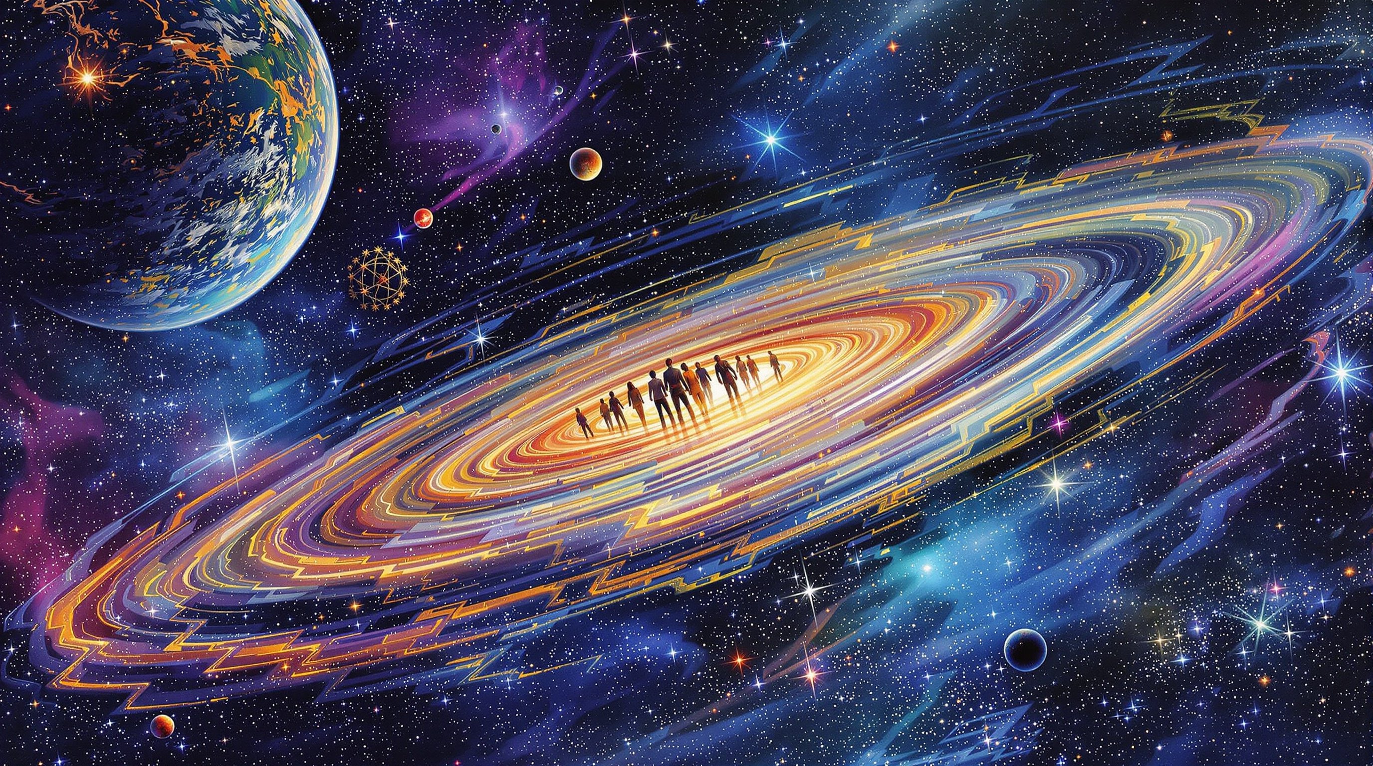 A vibrant and colorful representation of a swirling galaxy with silhouettes of people in the center. Cosmic elements like planets and stars surround the galaxy. The scene is set in a space backdrop filled with deep colors and illuminated details.