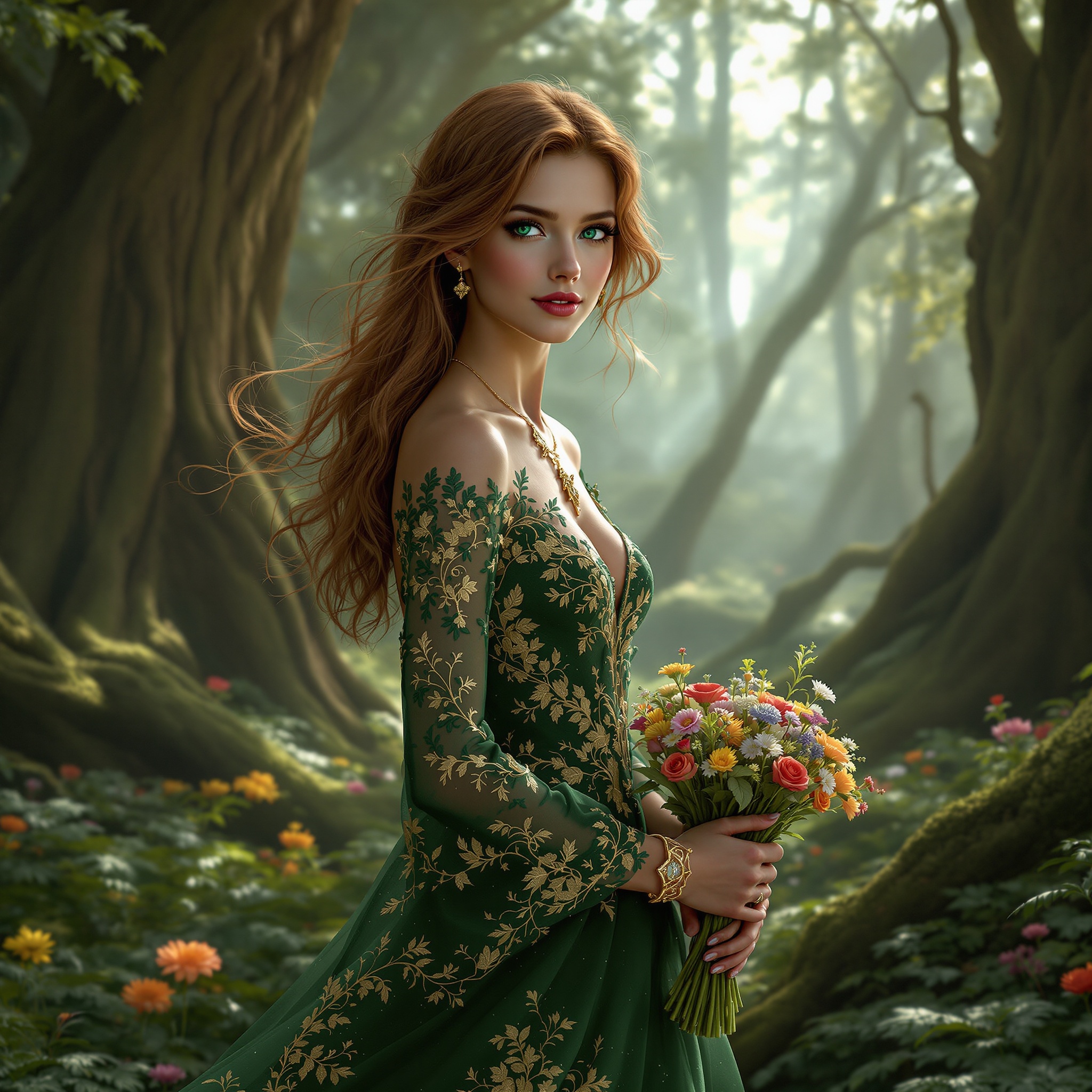 A young woman stands in a lush vibrant forest. She has long wavy auburn hair. Her eyes are emerald green. She wears a deep forest green and gold gown with intricate leaf embroidery. The gown has a plunging neckline and lace-like sleeves. She has a serene expression with a slight smile. In her hands, she holds a bouquet of wildflowers. The forest is rich with detail with ancient trees and a carpet of ferns. The atmosphere is misty with soft sunlight creating a magical ambiance.