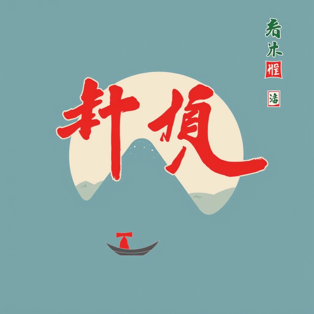 A minimalist design featuring red Chinese characters against a large pale moon with a small boat beneath.