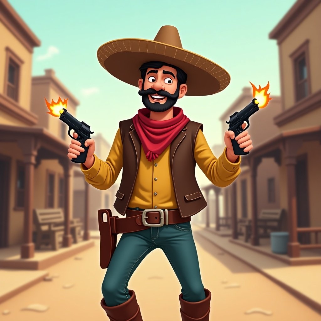 Funny animated character in cowboy outfit. Wearing a sombrero. Shooting guns from holsters. Background shows old Western town.