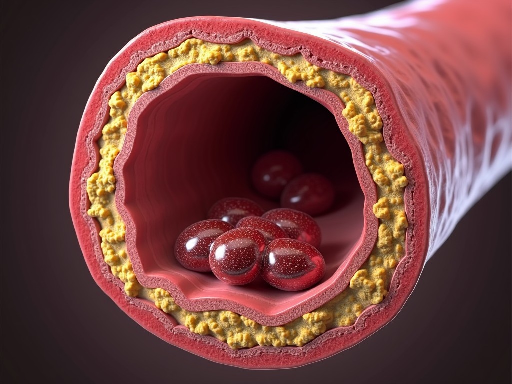 The image presents a detailed cross-sectional view of a human artery, illustrating the buildup of cholesterol plaque along the inner walls. Blood cells can be seen traveling through the arterial passage, conveying the process of atherosclerosis, where plaque accumulation narrows the artery and restricts blood flow. The visual effectively captures the medical concept in a vivid and clear manner.