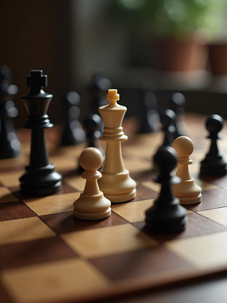 Close-up view of a chessboard showing black and white chess pieces strategically aligned. Focus on pawns and kings surrounded by a soft haze. Warm colors of the board create an inviting atmosphere. The scene suggests a thoughtful and strategic atmosphere, depicting a classic game of chess in progress.