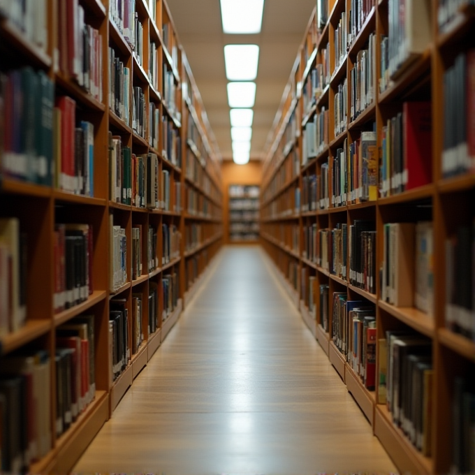 A library aisle with tall wooden bookshelves filled with books, leading to a focal point of uniformly lit ceiling panels.