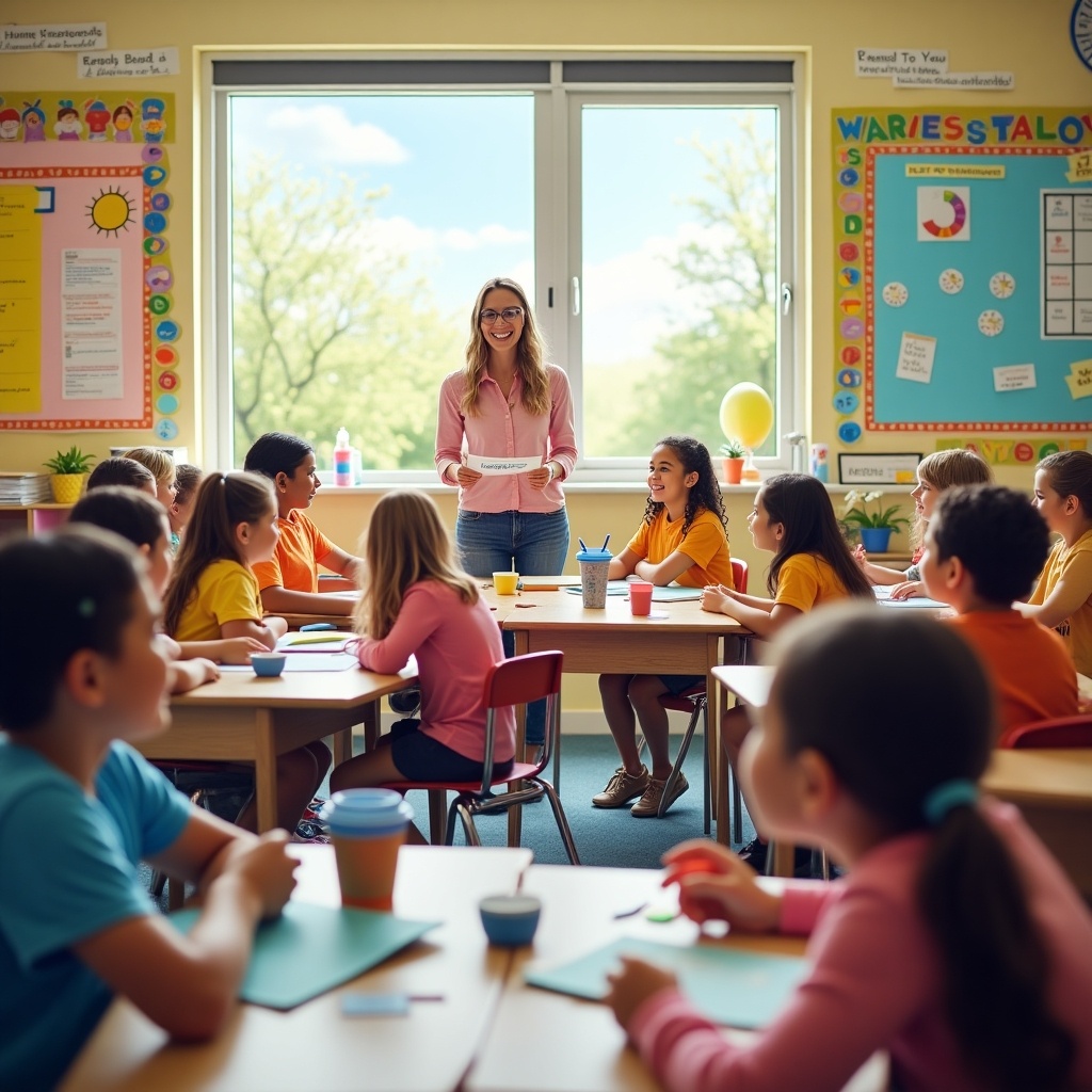 A vibrant 2nd grade classroom scene where a cheerful teacher, Mrs. Walters, stands in front of her attentive students. The classroom is bright and decorated with educational posters. Each student is engaged, sitting at their desks with colorful materials. The atmosphere is supportive and dynamic, fostering a love for learning. There are windows showing a sunny outdoor scene, enhancing the positive energy of the room. The students are wearing colorful shirts, adding to the lively ambiance of the classroom.