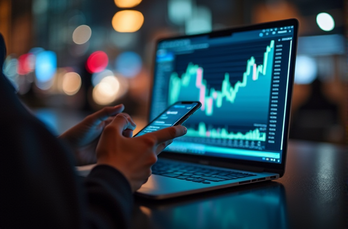 A person is using a phone and laptop to monitor financial charts at night.