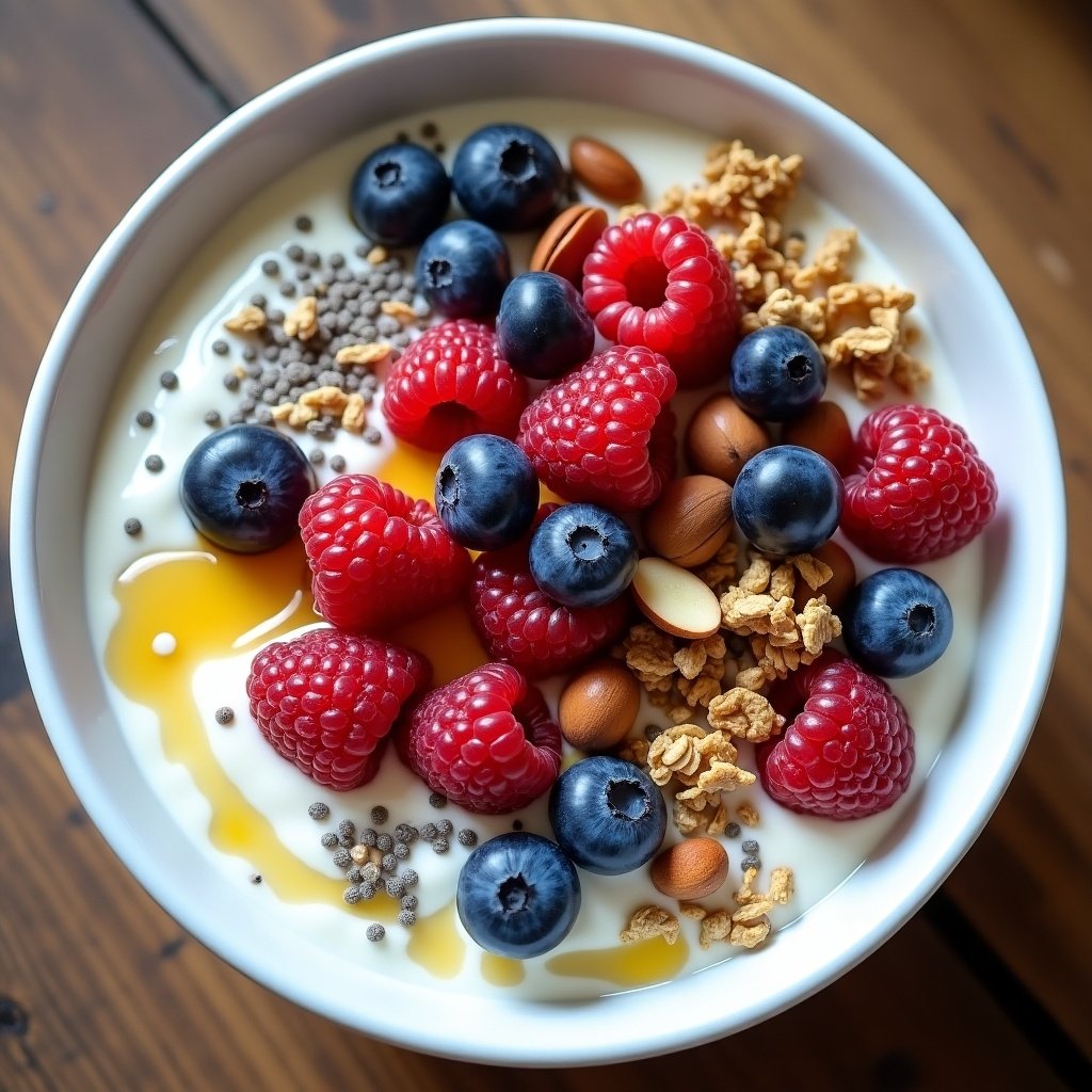 Bowl of yogurt filled with raspberries blueberries hazelnuts granola chia seeds and honey. A top view showcasing vibrant colors and textures.