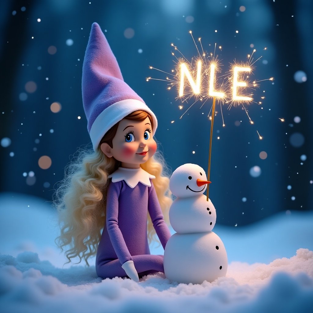 Picture of a lilac girl Elf on the Shelf in woodland with snow. Long curly blonde hair and blue eyes. Snowman present. Name NLE written with sparkler in the night sky.