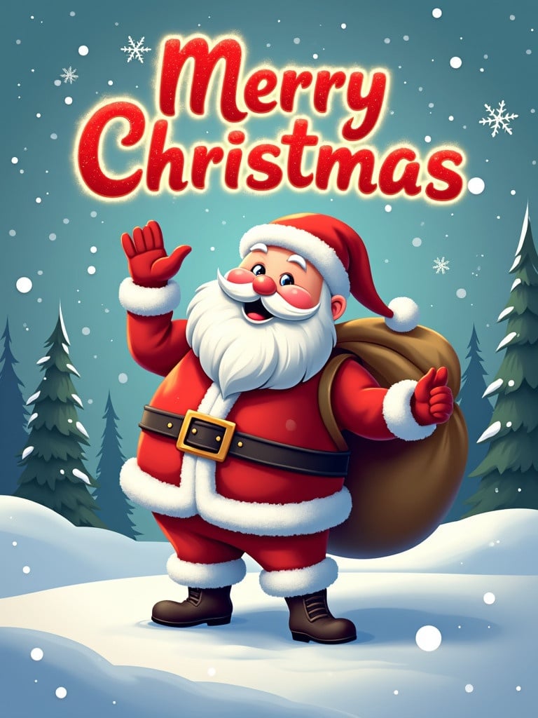 Jolly Santa Claus stands in a snowy landscape. Santa holds a sack and is waving. Bright text says Merry Christmas with sparkles. Winter trees are in the background. It's a cheerful holiday scene.