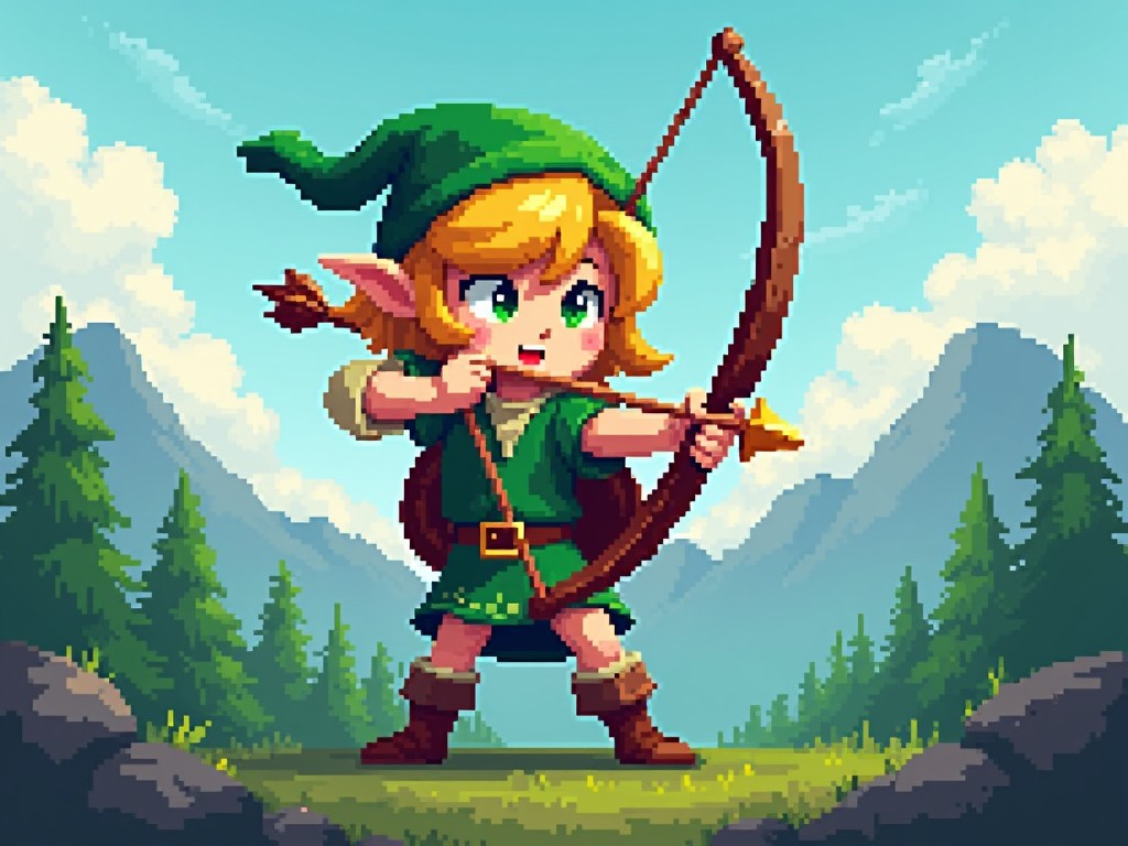 The image depicts a playful, animated character with blonde hair and pointed ears, dressed in a green tunic and hat. The character is in a classic archer pose, drawing a bow and aiming at an unseen target. In the background, there's a scenic view of mountains and trees, creating a vibrant adventure setting. The colors are bright and inviting, suggesting a cheerful atmosphere. This pixel art style evokes nostalgia for retro video gaming experiences.