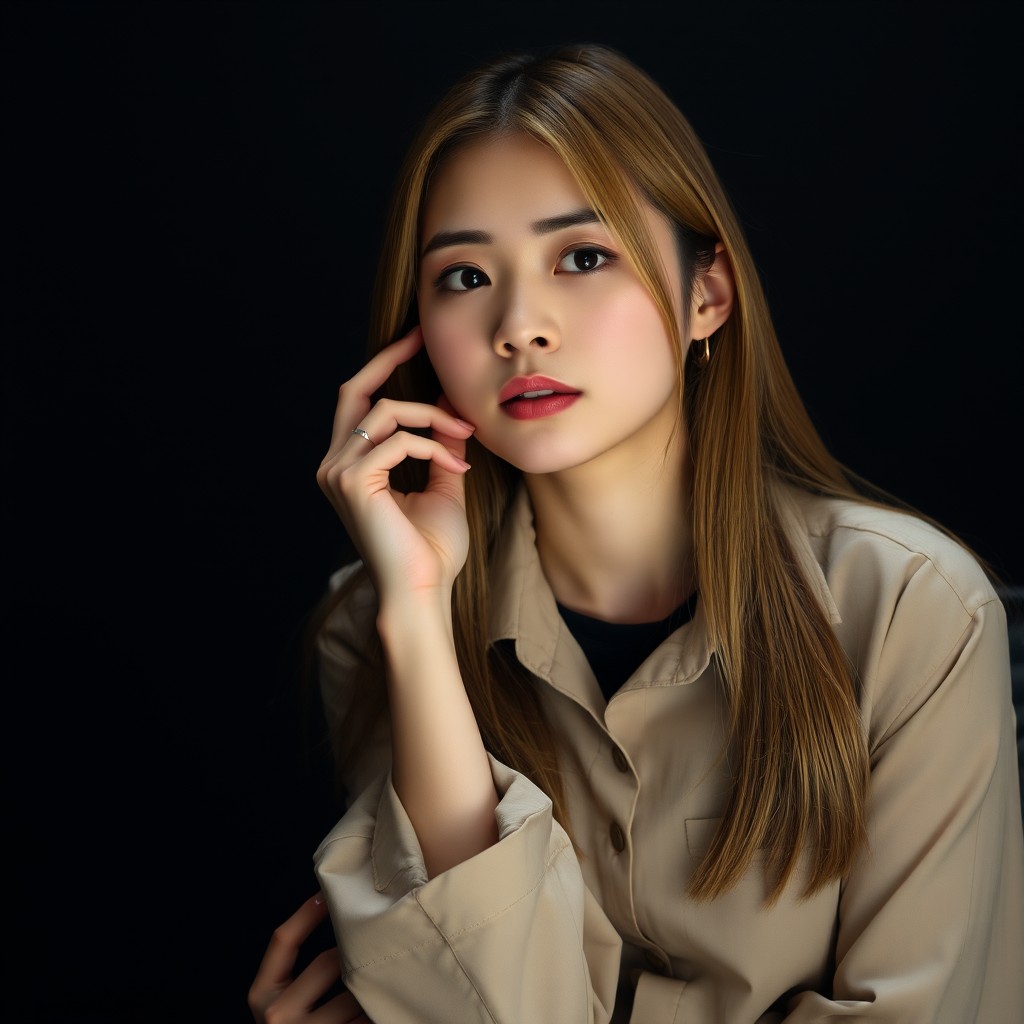 A pensive woman with long hair posing against a dark background.