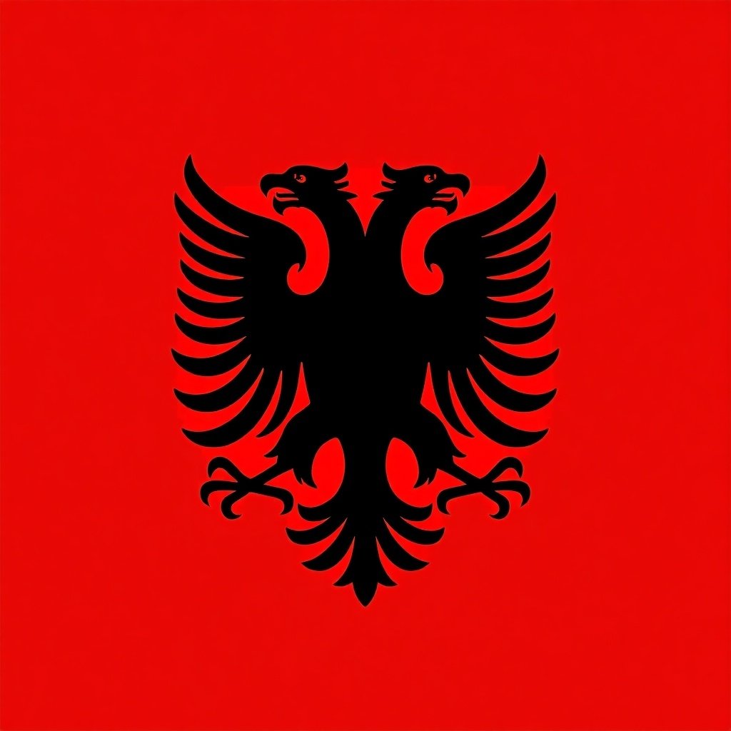 Flag featuring double-headed eagle in black on a red background. National symbol of Albania. Simple and bold design.