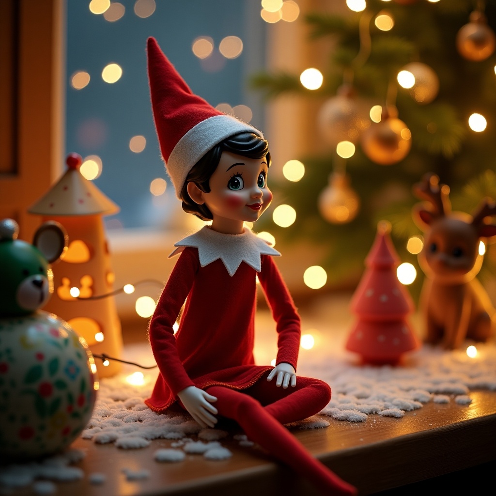 This image captures a magical holiday scene featuring a character named Isela. Isela is a charming elf on the shelf sitting on a wooden table. The backdrop is filled with soft, glowing lights and festive ornaments, creating a cozy atmosphere. There are additional decorations, including a small Christmas tree and various toy figures. The scene evokes a sense of warmth and joy, perfect for the holiday season.