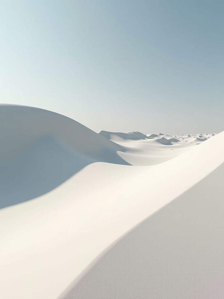 A tranquil expanse of smooth, white sand dunes under a clear blue sky, showcasing gentle curves and subtle shadows.