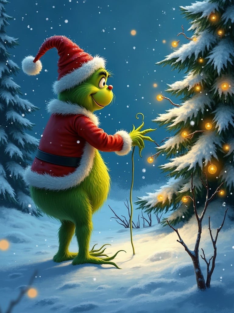 The Grinch in a Santa hat stands in a snowy landscape. The Grinch is writing the name Dwayne in the snow. Christmas trees with twinkling lights create a festive atmosphere. Snow is gently falling around.