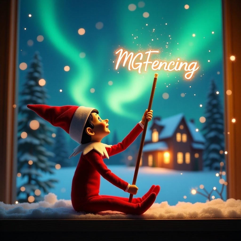 An elf on the shelf sits gazing skyward. It holds a wand that emits sparkling light. A charming Christmas scene with colorful northern lights is in the background. A cozy house decorated for the holidays is visible. Snow covers the ground, creating a winter atmosphere. The elf embodies the spirit of magic and wonder associated with Christmas. The name 'MGFencing' is written in the air using the wand.