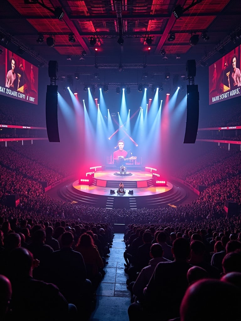 Travis Scott performing at Madison Square Garden. 360 degree concert stage with T stage catwalk. Drone view capturing audience and stage setup.