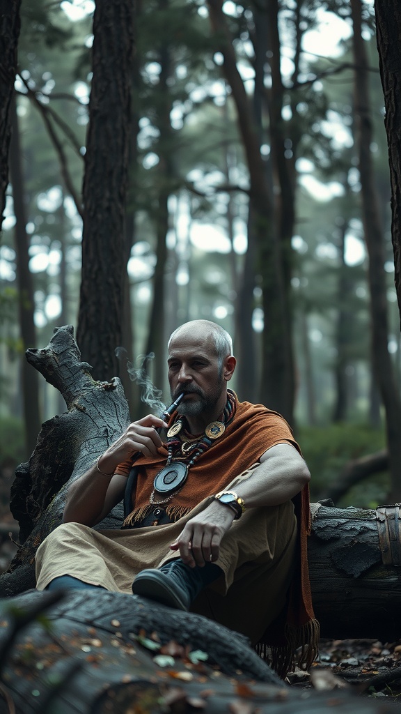 A man sits thoughtfully on a fallen tree trunk, surrounded by a dense forest. He is dressed in a rustic outfit, adorned with tribal jewelry, and is contemplatively holding a smoking pipe. The ambient lighting and misty backdrop create a mystical and introspective atmosphere.