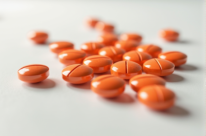 A close-up of bright orange pills scattered on a smooth, white surface.