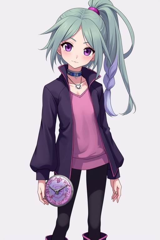 Slender young male with light skin and big purple eyes. Gentle smile and small nose. Shoulder-length light green hair in high ponytail and side braid. Dark purple jacket over pink top with silver heart choker. Black leggings with pink trim and black pink high heeled boots. Feminine build and style with custom Chaos Duel Disk. Full body image.