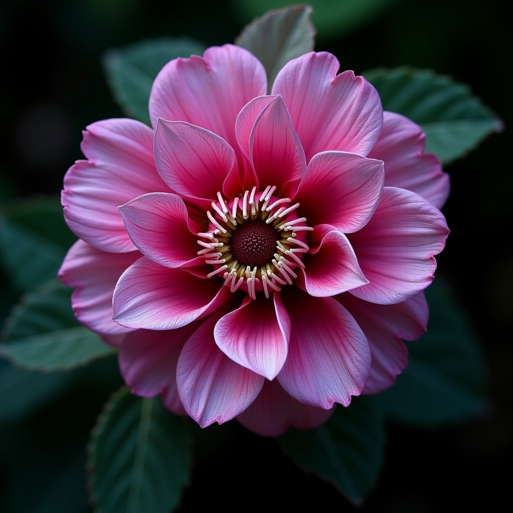 A vibrant exotic flower with large pink petals and yellow stamen. Central circular bloom with layers of petals. Dark green background enhances detail and color.