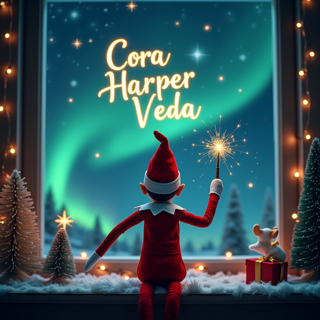 An enchanting Christmas scene featuring an elf on the shelf who is looking at the sky with his back to the viewer. The elf is dressed in a classic red and white outfit and is holding a magic wand, using it to write 'Cora', 'Harper', and 'Veda' in a brilliant glowing script. The window behind him showcases vibrant northern lights, creating a magical atmosphere. The scene includes festive decorations and hints of a snowy landscape outside. This portrayal captures the excitement and joy of the holiday season in a whimsical way.