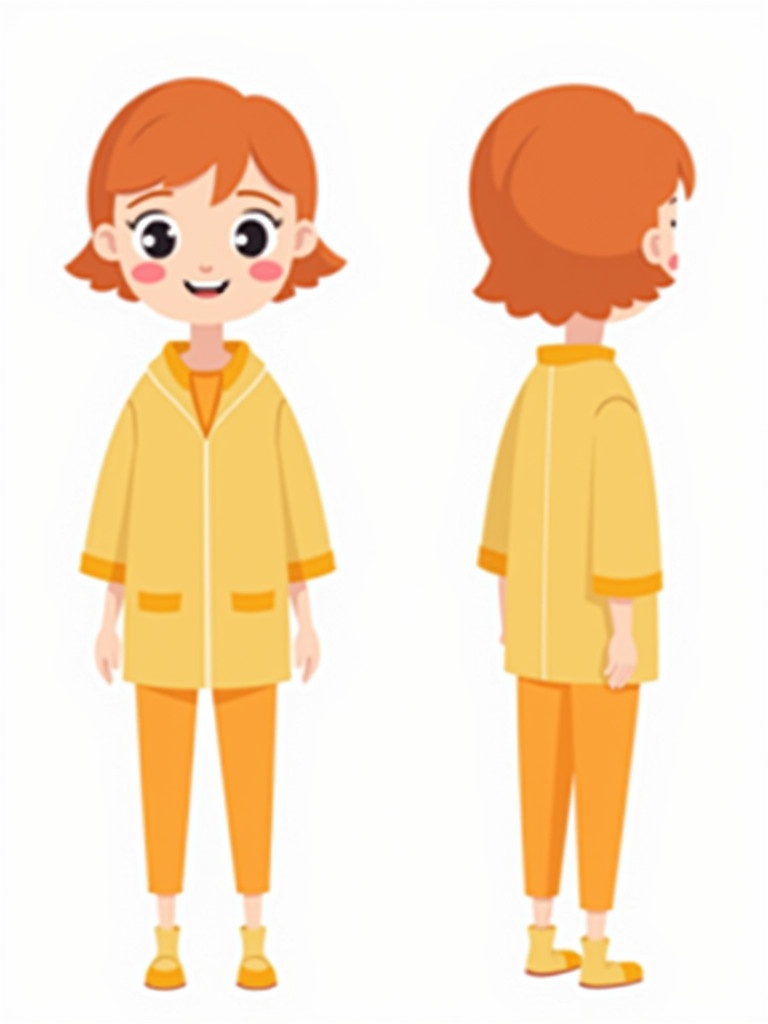 Cartoon character designed in minimalist style. Character has cheerful personality with rounded face and short hair. Outfit is simple and bright. Displayed in four perspectives front side back and 3/4 view. Background is plain white suitable for animation.