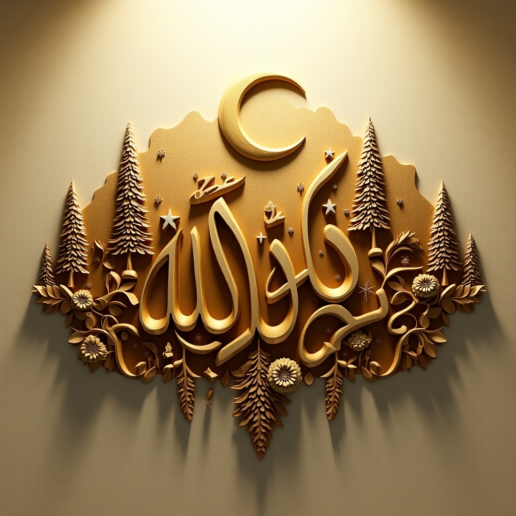 This image features ornate Arabic calligraphy with the word 'Taha', beautifully designed with elements of nature. A crescent moon is depicted alongside intricate trees and mountains, all set against a soft, textured background. The artwork is rendered in a warm golden hue that adds a touch of elegance. Decorative motifs such as stars and flowers provide additional detail, enhancing the overall aesthetic. Soft lighting gives the piece a serene and uplifting feel, amplifying the depth and intricacy of the calligraphy. This piece exemplifies the beauty of Arabic script and serves both cultural and decorative purposes.