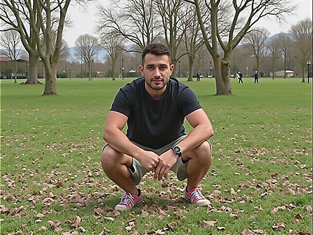 The image features a young man squatting in a green park filled with fallen leaves. He is dressed casually, wearing a dark T-shirt and shorts. The park has trees in the background and a few people engaging in activities. His posture conveys strength and readiness. The natural light enhances the fresh feel of the outdoors. It symbolizes a connection to nature and an active lifestyle.