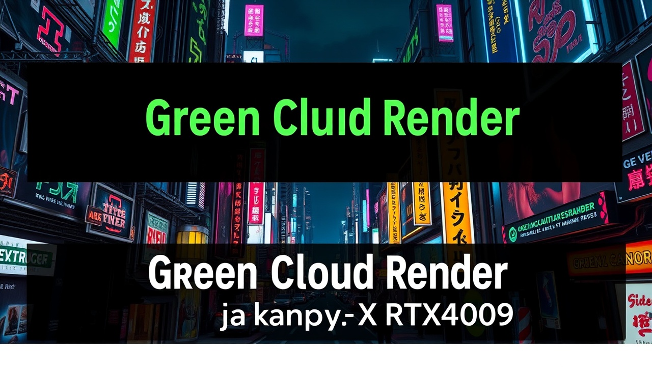 The image features a futuristic urban scene illuminated by vibrant neon signs. The cityscape is teeming with multicolored lights, with signs in various languages forming a corridor of glowing advertisements. An overlay text reads 'Green Cloud Render' in bright green, suggesting a high-tech theme.