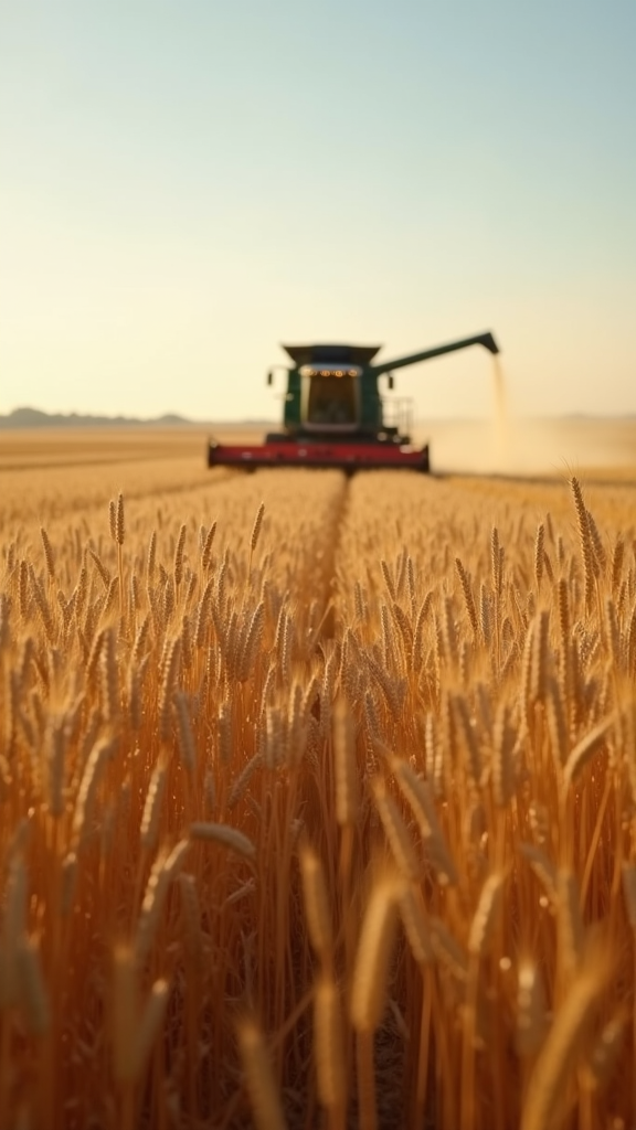 A combine harvester works in a golden wheat field under clear skies.