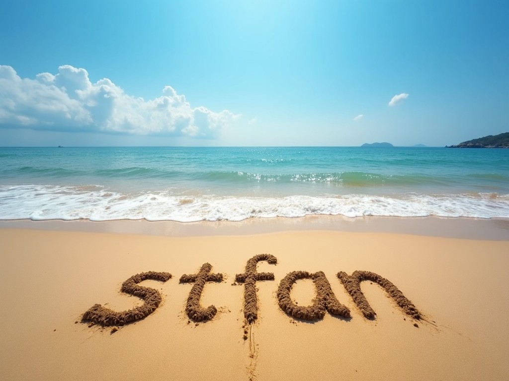 The image depicts a beautiful beach scene on a sunny day. The ocean is calm, with gentle waves lapping at the shore. In the foreground, the word 'stfan' is written in the sand, showcasing a relaxed and playful vibe. The sky is a bright blue with a few fluffy clouds, adding to the serene atmosphere. The scene evokes feelings of warmth, tranquility, and fun. It captures the essence of a perfect day at the beach, ideal for leisure and enjoyment.