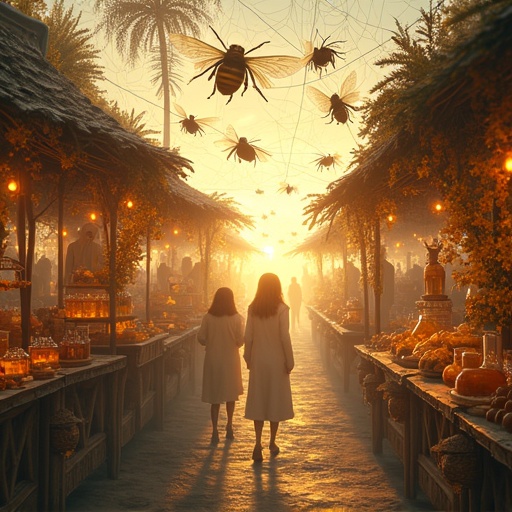 A hyperrealistic illustration shows a bee marketplace. The market is suspended in mid-air supported by delicate spider webs. Bees glide between stalls on gossamer wings. The scene features exotic plants and honeyed treats. The setting is illuminated by the warm light of a sunset. Two women walk through the market.