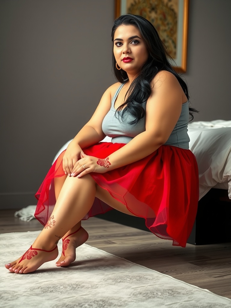 The image features a person seated on a bed in a tastefully decorated room. They are wearing a vibrant red skirt and a light gray top. The person has beautifully adorned feet and hands with red body art, and they exude a sense of confidence and poise. The room's soft lighting complements the colors of the subject's attire, creating a harmonious atmosphere.