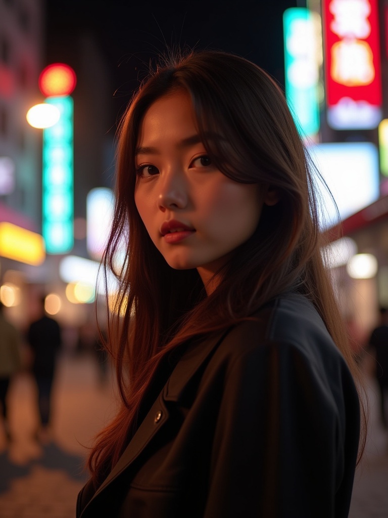 Young woman stands on a bustling street at night. Vibrant neon signs glow in the background. Expression is poised and captivating. Play of shadows and warm lighting on the face. Urban setting adds dynamic vibe to the scene.