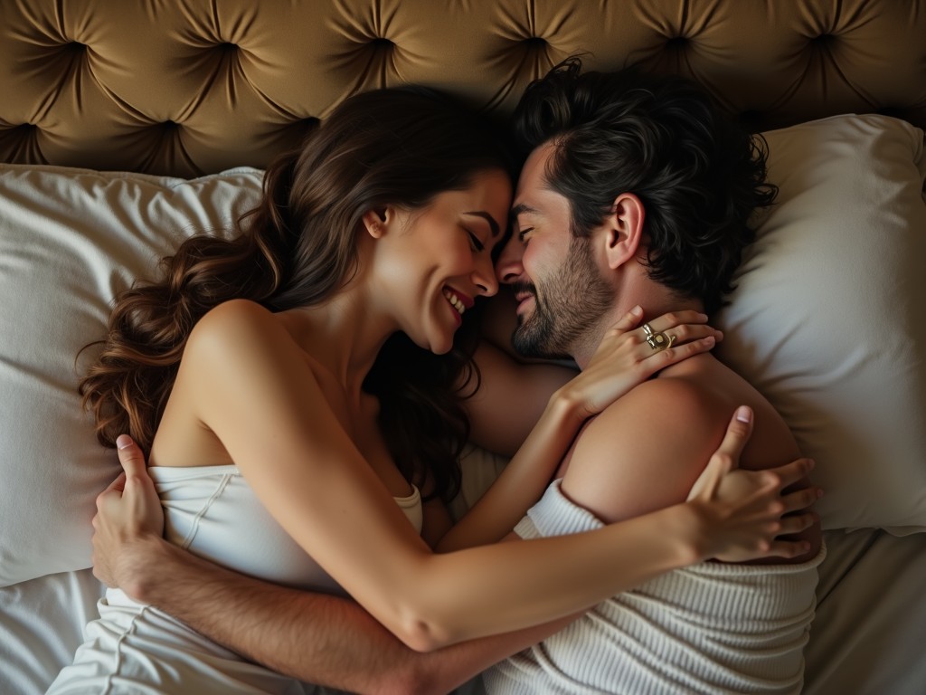 The image portrays a tender moment between a couple lying in bed, embracing each other with gentle smiles. Both have closed eyes, suggesting a peaceful and intimate connection. The setting is a cozy bedroom with a tufted headboard, creating a serene and comfortable atmosphere.