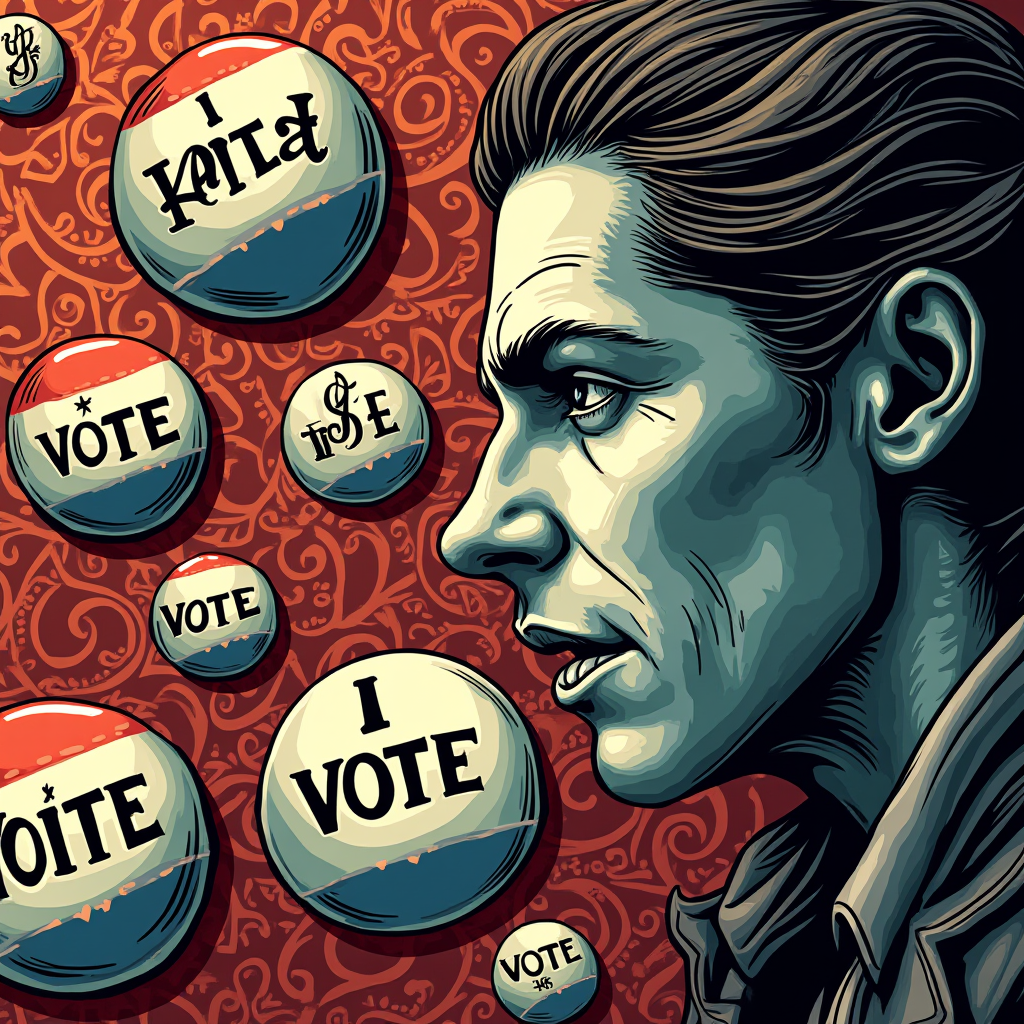 A stylized face looks at several pins with voting messages against a patterned background.