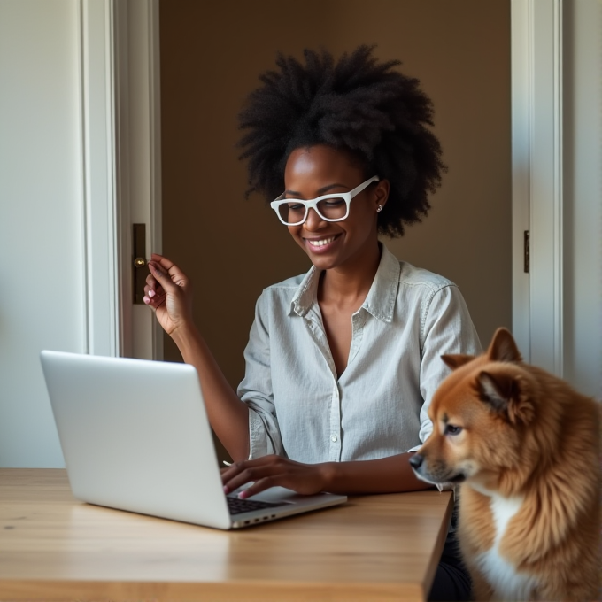 A person wearing white glasses is happily using a laptop at a wooden table, with a dog curiously looking on beside them.