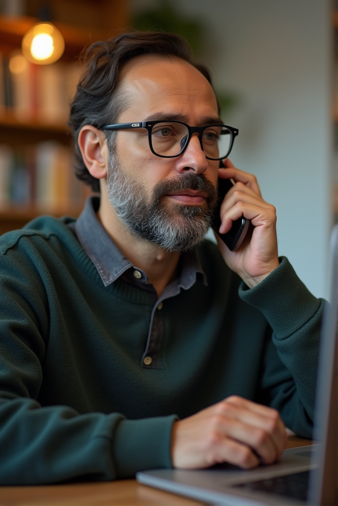 A man with glasses is talking on the phone while working at a laptop.