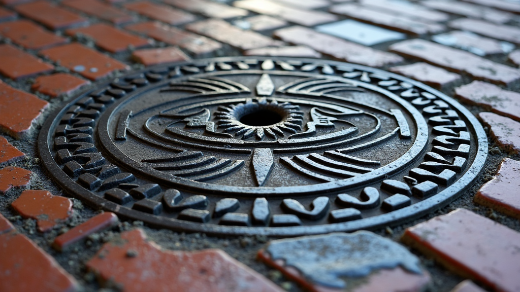 A detailed circular metal manhole cover with artistic patterns is embedded within a brick walkway.