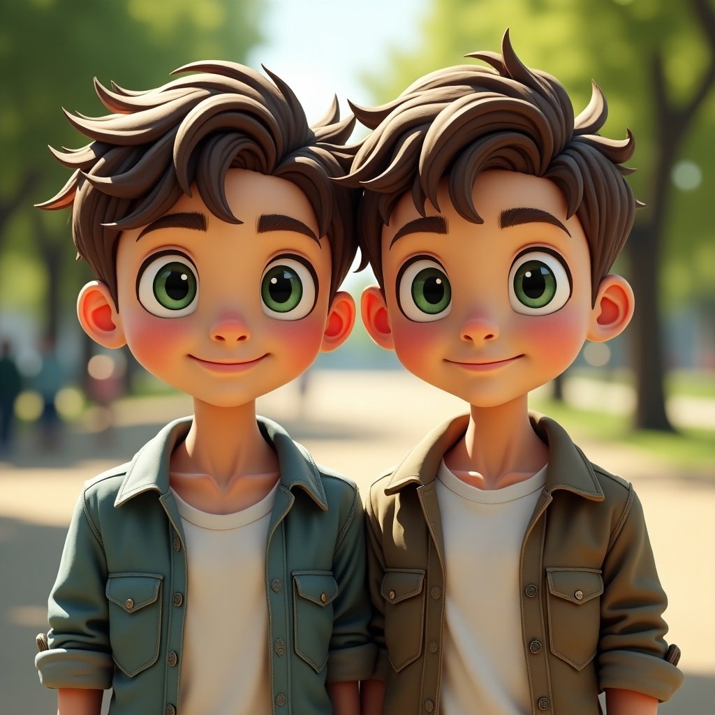 Two animated twin brothers stand side by side. They have brown hair, green eyes, and are smiling. The background shows a park setting.