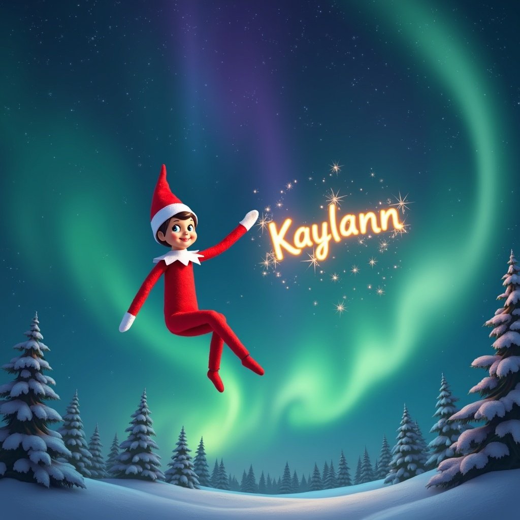 Elf character in red costume floating in a winter scene. Text Kaylann appearing in the night sky. Northern lights in the background. Snowy trees surrounding the area.