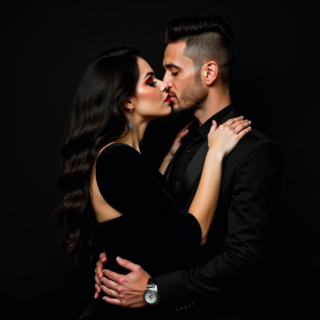 A couple embraces in an intimate pose. The woman has long dark hair and dramatic makeup. The man has a rugged look with short hair. Both wear elegant black outfits. The image is striking and sophisticated.