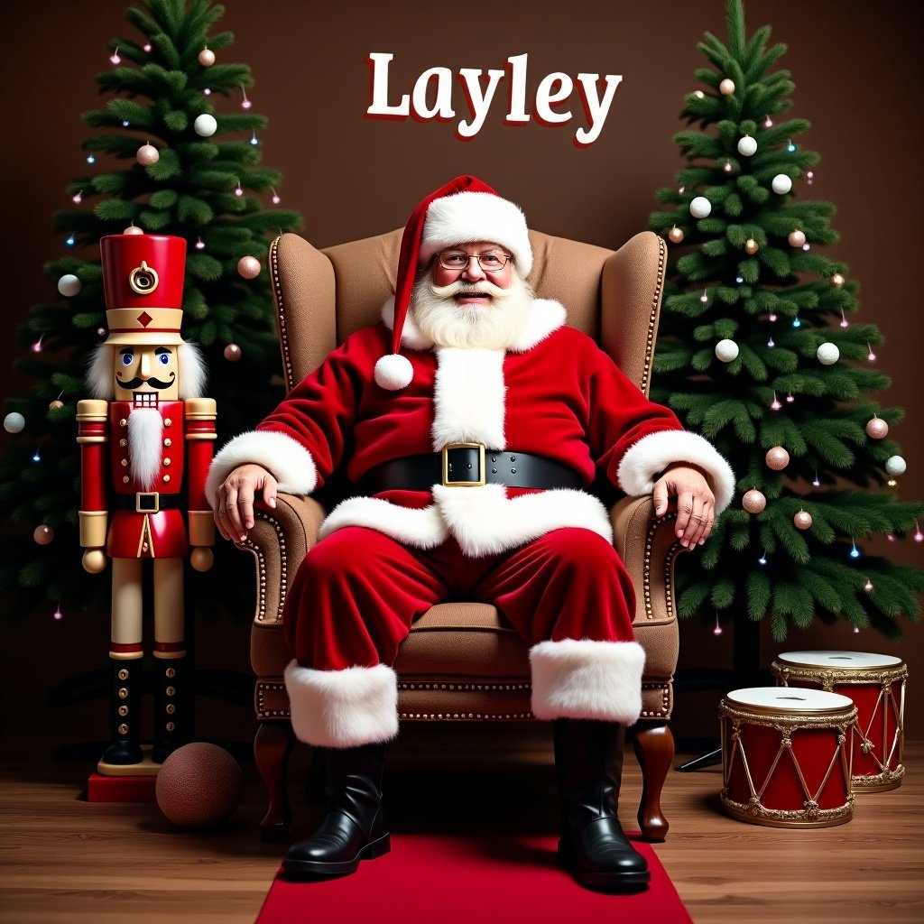 Santa Claus is seated on a regal chair in traditional red suit and white beard. A nutcracker soldier stands beside him. Plush Christmas trees are in the background. A red carpet leads to Santa, with drum decorations nearby. The atmosphere is warm and inviting for the holiday season. Above Santa is the name Layley.