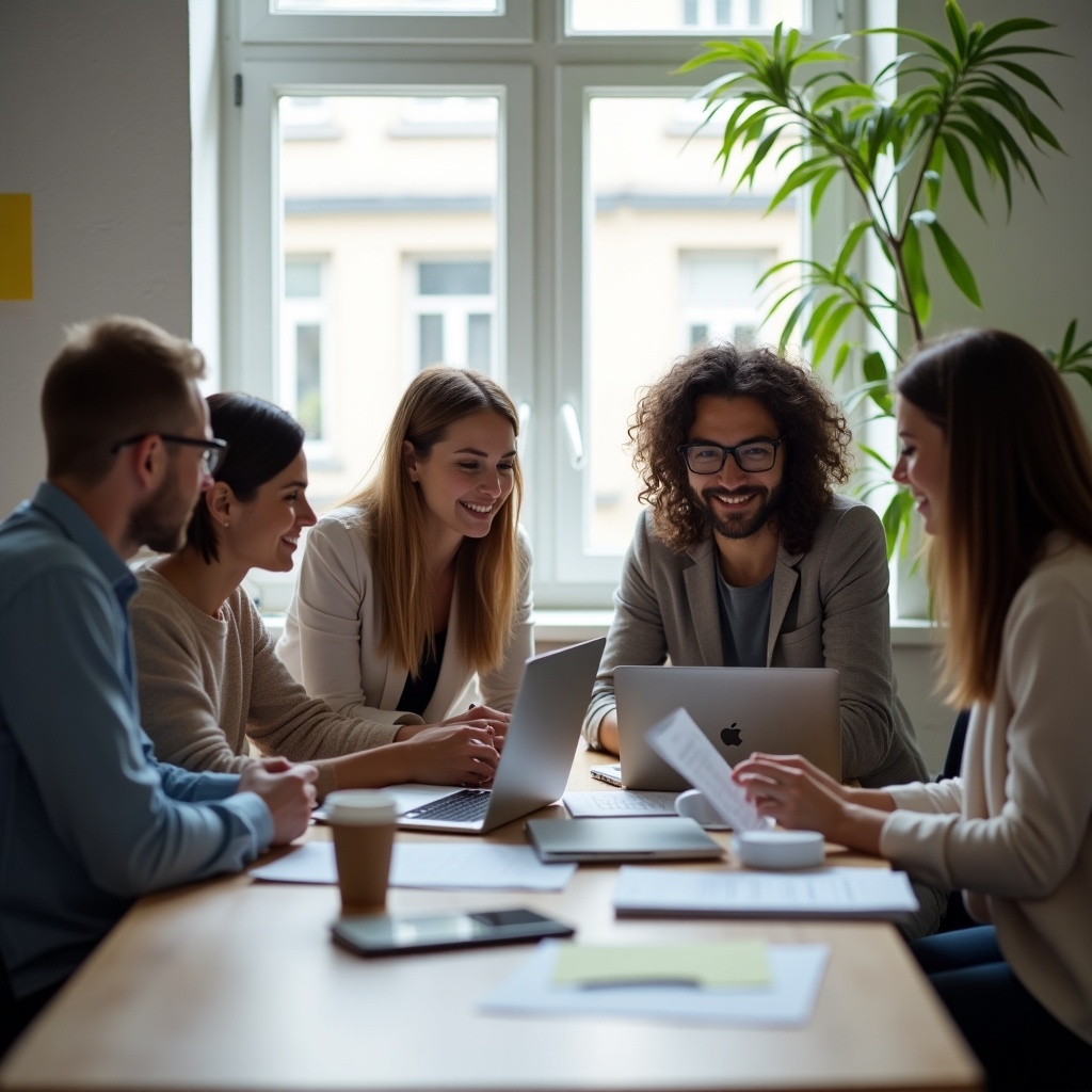 A group of five colleagues is gathered around a table in an inviting office. They are engaged in a lively discussion while looking at laptops and papers. Soft natural light fills the room, creating a warm atmosphere. The individuals display expressions of collaboration and trust as they share ideas. This scene captures the essence of teamwork and professional interactions in a modern workspace.