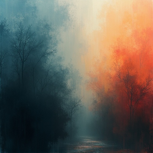 Abstract interpretation of mist with moody translucent colors. Omens approach depicted through dark and light gradients. Features grunge and shadows in an artsy manner. Indistinct shapes form representational art.