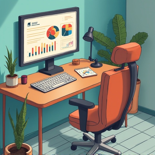 A modern home office setup with an orange chair. A computer on a wooden desk shows various graphs and charts. Green plants in the background add color to the scene. The space feels inviting and functional. Lighting is bright and warm.