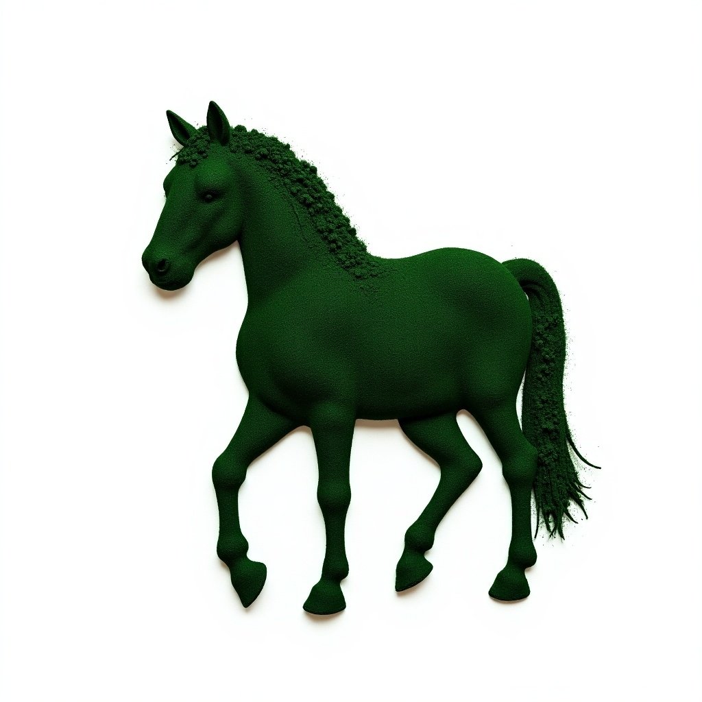 An image of spirulina algae powder shaped like a horse on a white background. Horse is depicted in full-body. Vibrant green color of the powder stands out against the white backdrop.